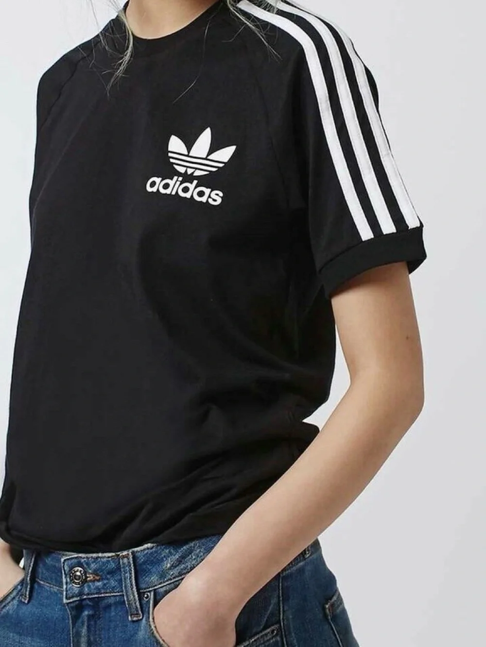 adidas Black Tee with White Trefoil and Stripes - Picture 1 of 5